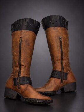 Born Brown Distressed Leather Tall Riding Boots Back Zip Harness Women’s 8.5 EUC